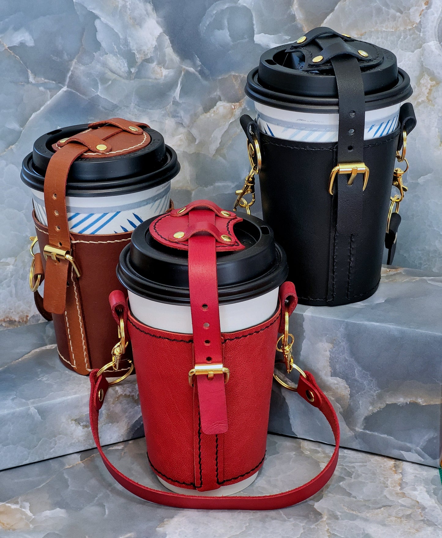 Leather Coffee Cup Carrier Zarf with Carry Straps